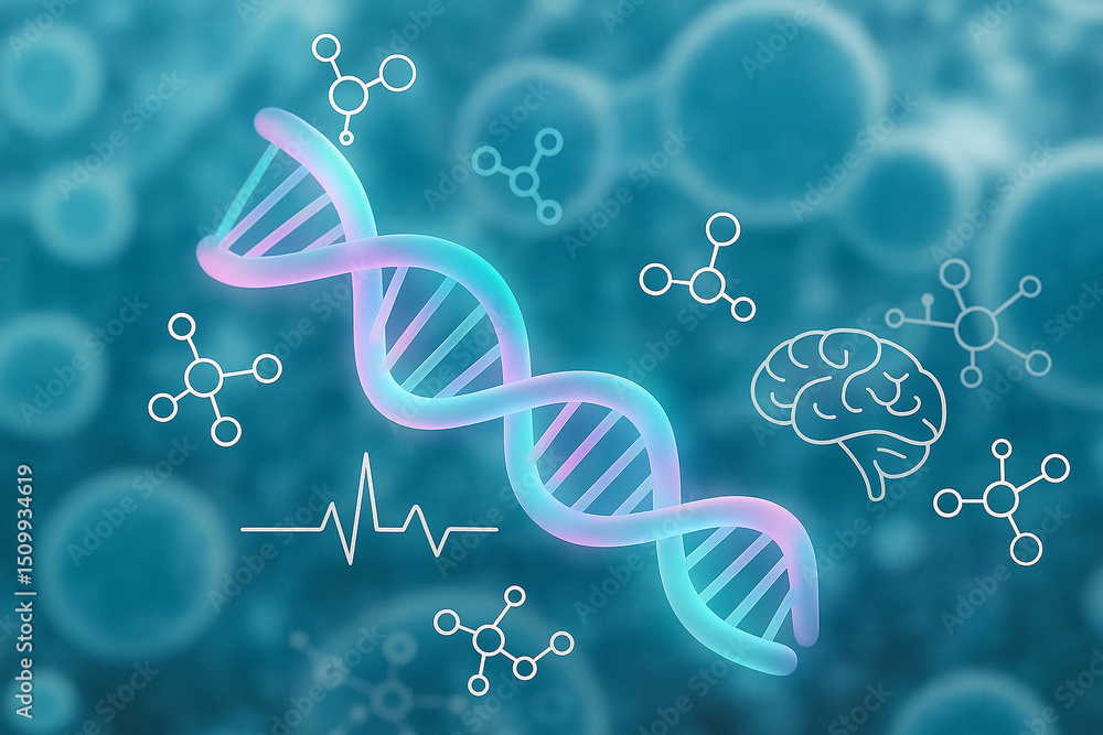 Poster ai generated image of glowing translucent dna in pastel tones floating with chemical structures brai