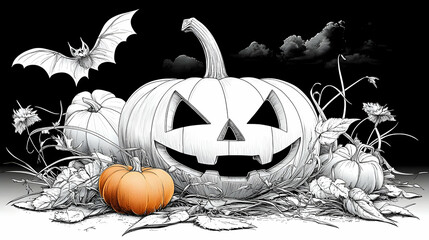 Spooky Halloween Pumpkin with Bats and Grasses at Night