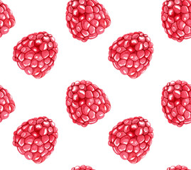 Seamless watercolor pattern with ripe raspberries. Botanical illustration on white background. Suitable for background, fabric, invitations and labels.