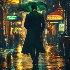 Rainy night street scene with man