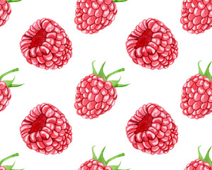 Seamless watercolor pattern with ripe raspberries with stems. Botanical illustration on white background. Suitable for background, fabric, invitations and labels.