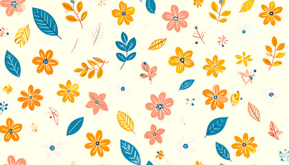 Delicate floral pattern featuring orange, pink, blue, and white flowers with complementary foliage.