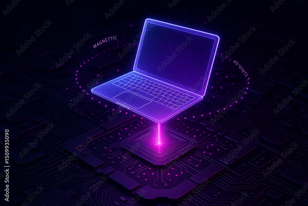 Poster ai generated image of a glowing digital laptop floating above a dark circuit board with a pink energ
