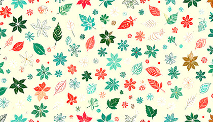 Botanical pattern features red, green, and white leaves and flowers scattered on light background.