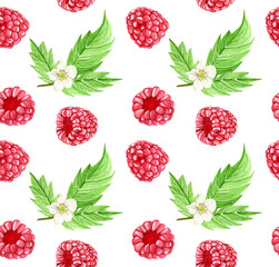 Seamless watercolor pattern with raspberry berries and raspberry leaves with flowers. Botanical illustration on white background. Suitable for background, fabric, invitations and labels.