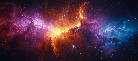 Obraz premium Fiery Nebula in Deep Space with Sparkling Stars, Blues, and Golds. Vibrant Cosmic Scene