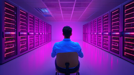 Man Sitting in a Data Center with Rows of Servers Illuminated by Purple Light