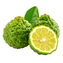 Fototapeta premium Fresh kaffir limes with one cut in half, showing their bumpy green rind and juicy interior