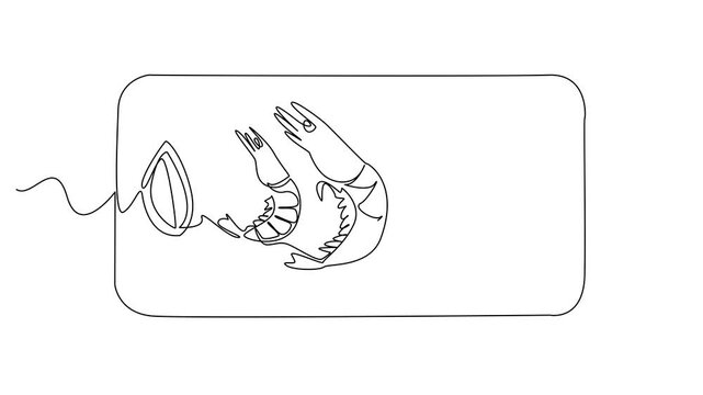 Animation of single one line drawing shrimp lined up 4 on a black square plate. Food presentation pays attention to aesthetics. Deliciousness. National Shrimp Day. Full length motion