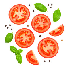 Fresh tomato slices, basil leaves, and peppercorns arranged in a flat lay style