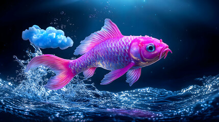 Pink Koi Fish Leaping from Water with Glowing Blue Cloud