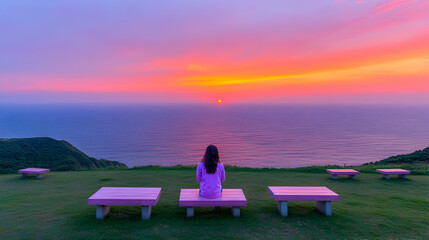 Woman Contemplates Vibrant Sunset Over Ocean from Grassy Hilltop