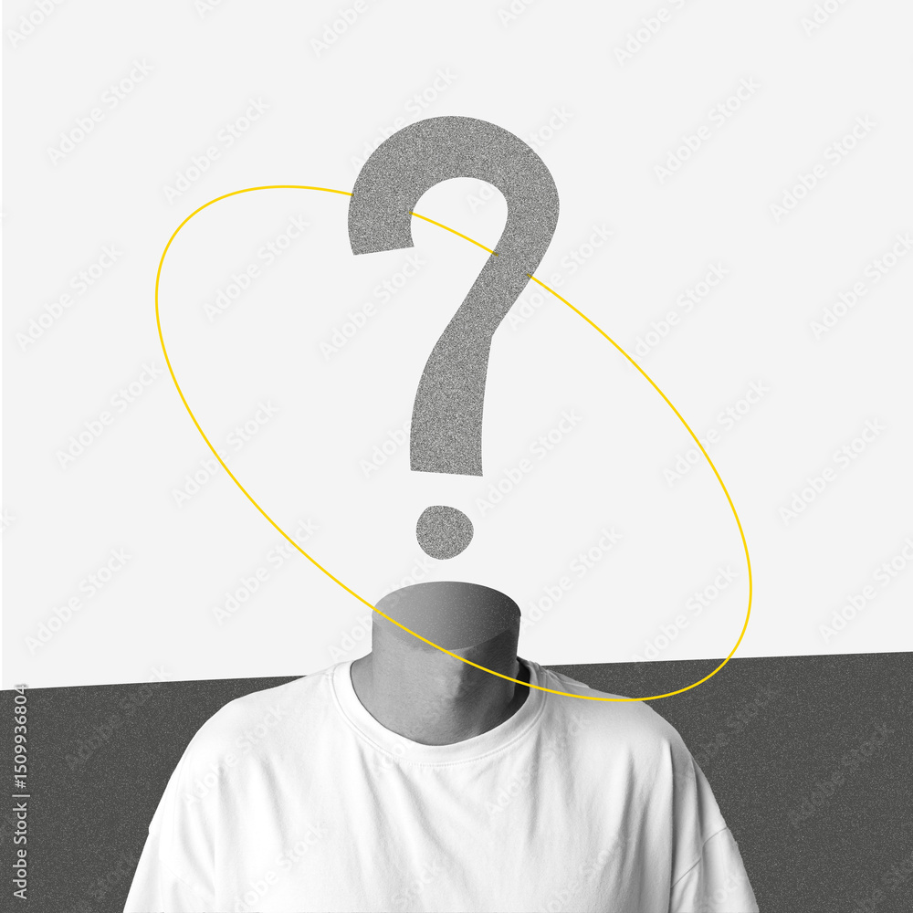 Poster silhouette of a person with a question mark representing identity in a minimalistic design
