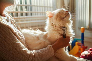 Fluffy white cat being gently groomed with a comb by a person in a cozy indoor setting, sunlight streaming through the window, creating a warm and inviting atmosphere of relaxation. Pet care concept.