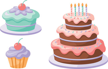 Colorful birthday cake and cupcake illustration with cherries and candles, decorated frosting, layered dessert design, sweet celebration treat for kids party theme