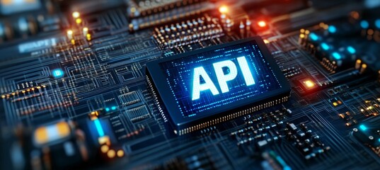 API. Application Programming Interface. Chip on Computer Motherboard. Digital Data Processing.