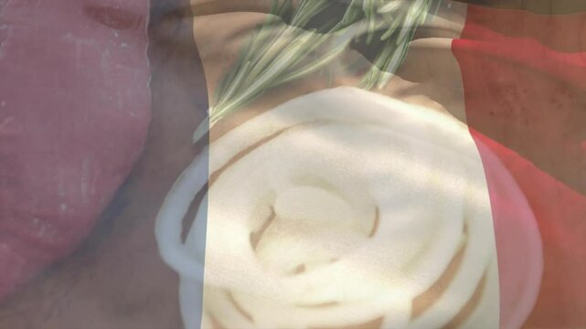 Zooming board showing rosemary, onion and sauce, placing raw steak, seasoning showing recipe prep