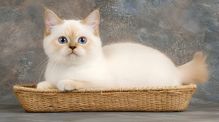 Cream Tabby Kitten with Blue Eyes in a Brown Basket