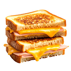 A stacked grilled cheese and ham sandwich with melted cheddar oozing between golden, toasted bread slices