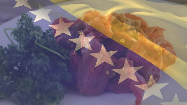 Flag overlay appearing shifting focus to plate holding salmon and parsley showcasing culinary theme