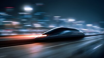 Fototapeta premium Futuristic vehicle gliding through city lights, embodying speed and urban innovation