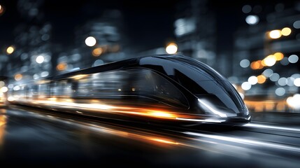 Futuristic vehicle gliding through city lights, embodying speed and urban innovation