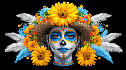 Sugar Skull Woman with Floral Headpiece and Feathers
