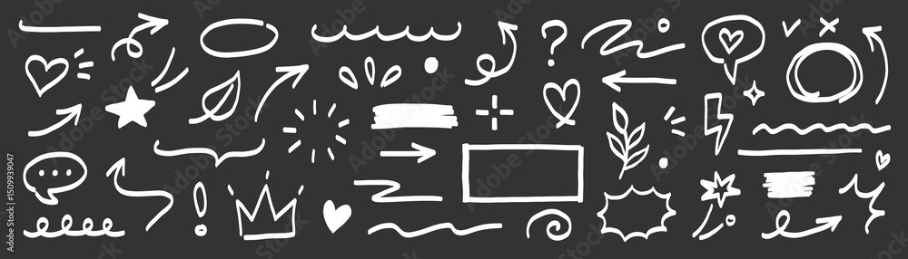 Poster hand marker line icon brush set. chalk underline, arrow, frame and stroke in white on black chalkboa