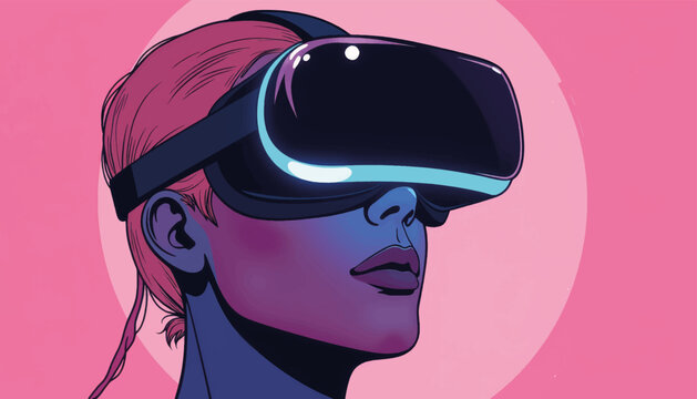 Woman exploring virtual reality in sleek headset, digital innovation