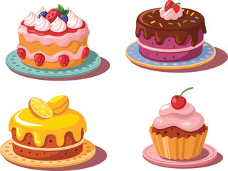 Colorful cartoon cakes and cupcakes with fruit toppings, chocolate glaze, whipped cream, and lemon slices – cute dessert illustrations for bakery, party, and celebration design