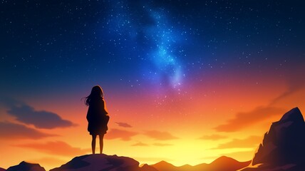 Naklejka premium 夜空の背景とアニメ調の美少女