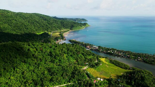 Beaches With Lush Mountains At Batalay Coastal Barangay Of Bato In Catanduanes, Philippines. Aerial Shot