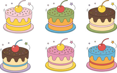 Colorful Cartoon Cakes with Cherries and Sprinkles – Fun Birthday Dessert Illustration Set – Cute Layered Cakes with Frosting for Kids Party and Celebration Design