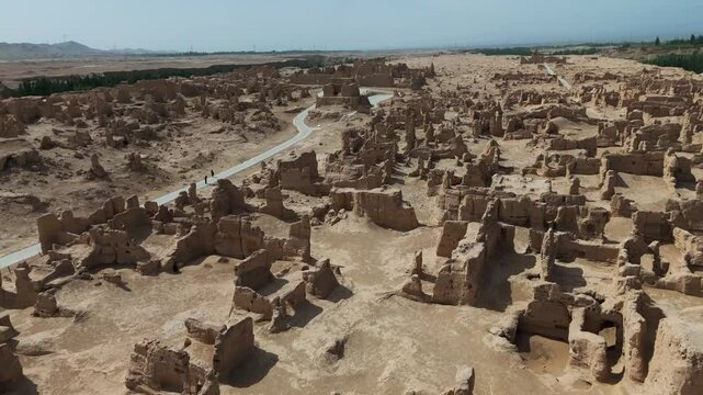 Aerial view of Xinjiang Jiaohe Ruins Ancient City in China Turpan