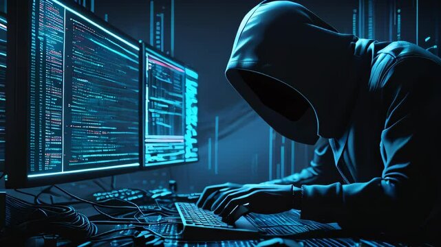 A dark, hooded group of anonymous hackers engaged in cybercrime, launching cyberattacks and infiltrating systems. Their hidden identities and intent to spread malware are framed by binary code visuals