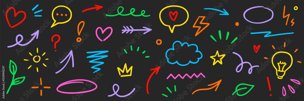 Poster line marker hand color brush icon set. arrow stroke sketch pencil underline drawn element colorful s
