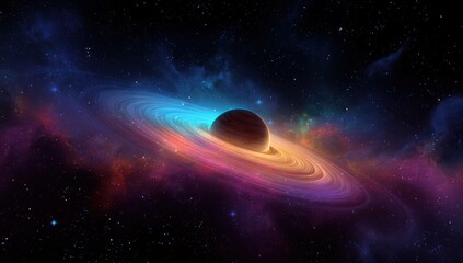 Vibrant Cosmic Planet with Rings in a Nebula Space Background Stunning Celestial Artwork