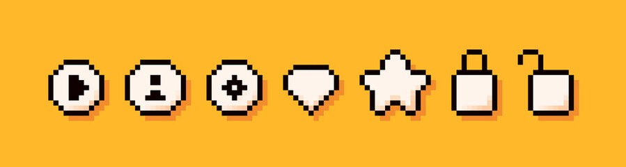 Seven pixel art icons. Play information target star lock and diamond.