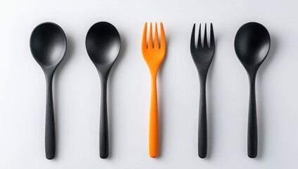 Stylish Black Spoons and Orange Fork on White Background Kitchen Utensils Flat Lay