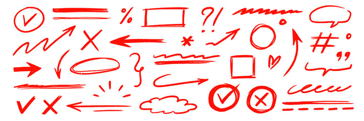 Hand drawn line arrow chalk brush stroke red icon set. Red crayon underline, check mark, scribble shapes with rough texture. Hand style symbols, arrows, star and frame highlight. Vector illustration