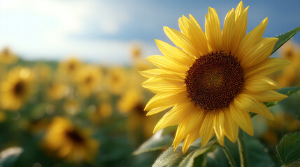 Fototapeta premium Vibrant sunflower in a field of golden blooms summer day