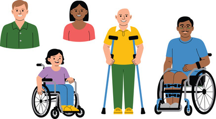 Diverse people with disabilities illustration including children and adults using wheelchairs and crutches for medical mobility support, inclusion and accessibility concept vector