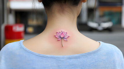Delicate Pink Watercolor Lotus Tattoo on Woman's Neck
