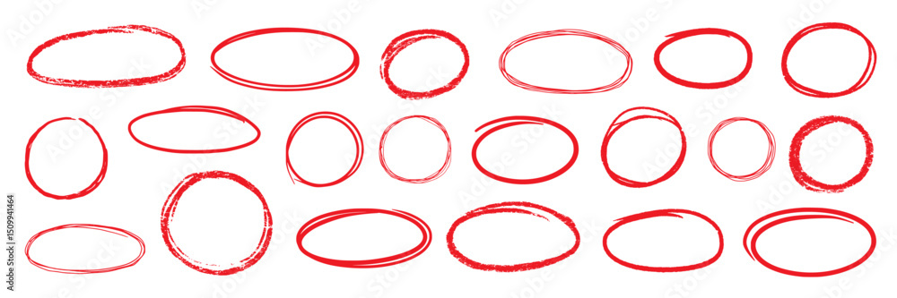 Fototapete hand drawn red pen highlight round oval frame set. handwritten red marker, pencil scribble stroke li