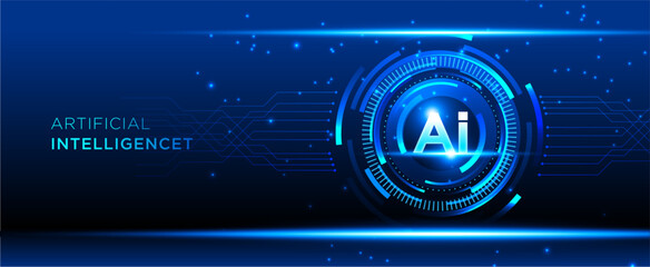 Ai artificial intelligence technology with futuristic rings and light effects on dark blue background for presentation