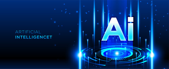 Dark blue AI artificial intelligence technology background with futuristic rings and light effects for presentation