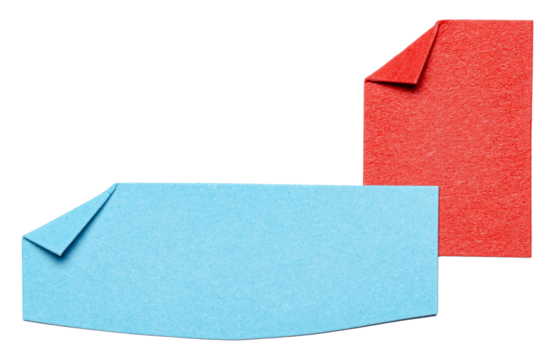 Two blue red overlapping isolated cut out blank paper notes cardboard with folded corner dog-ear earmark and copy space for text, transparent png background design element