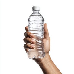 Hand Holding a Refreshing Bottle of Pure Water on White Background