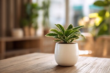 Serene Indoor Plant in White Pot on Wooden Table Home Decor