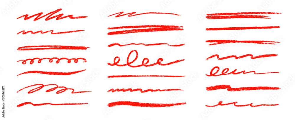 Poster Red line underline crayon pencil brush stroke set. Handwritten highlight doodle sketch scribble underline set. Crayon stroke hand drawn red color text highlight shape. Vector illustration.